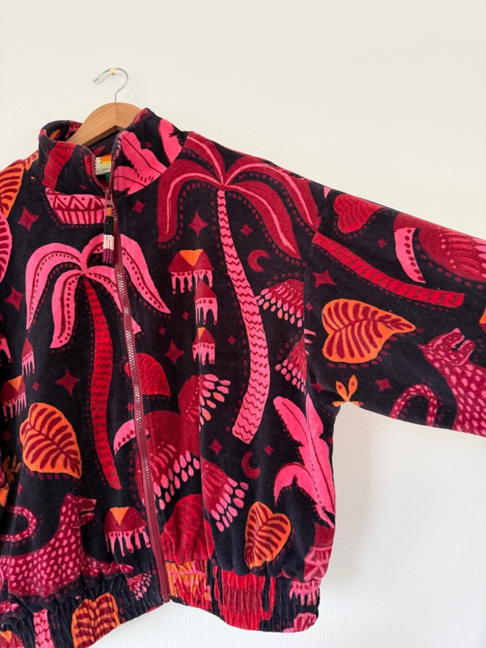 Farm Rio Black Tropical Magic Plush Velvet Bomber Jacket women's size Small - Picture 8 of 16